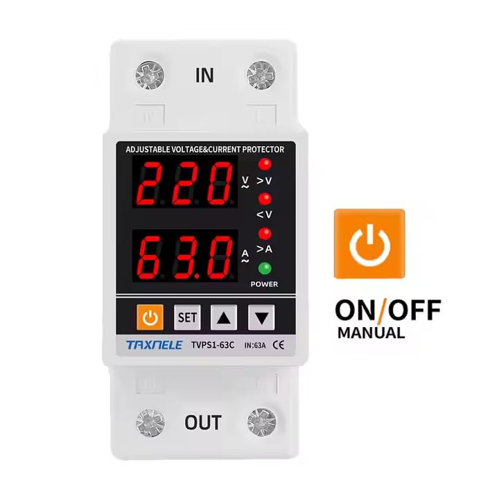 Image of HIVAGI Taxnele 63A 230V Digital Energy Meter with Over /Under Voltage & Overload Protection | Adjustable Voltage Protector with Auto Reconnect, Dual LED Display, DIY Din Rail Installation