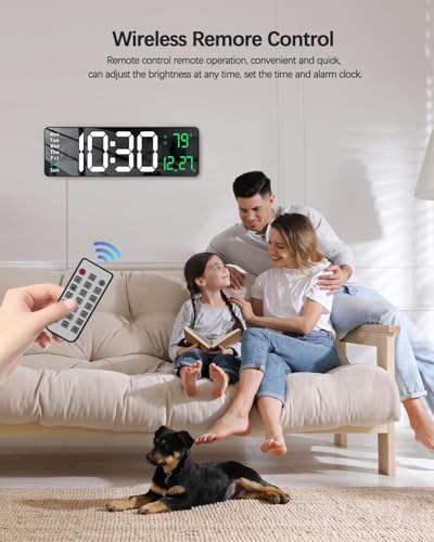 Image of EASEPRES 16 inch Digital Wall Clock with Remote Control - LED Display, Auto-Dimming,Dual Alram,Countdown Timer, Date, Day,Temperature & Calendar - 12 /24 Hour Format, ABS Rectangle Design (White + Green)