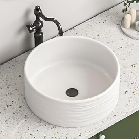 ELLAI Round Vessel Sink Bathroom Sink Above Counter Bowl Sink Porcelain Ceramic Countertop Basin, Glossy White 15.7''x5.9'' Cover