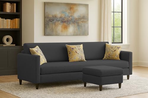 Image of Casaliving Premium Lifestyle Fabric 5 Seater L Shape Sofa Set 4 Seater Modern Sofa Set & Ottoman for Living Room (Black Color)