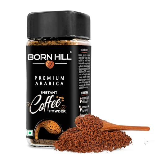 BORN HILL Premium Instant Coffee, 100g | 100% Arabica & 0% Chicory | Medium Roast | Ground Coffee powder for Strong & Rich Brew | Makes 50 cups