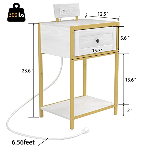 Szlhanjz Modern Side Table, White And Gold Nightstand With Drawer, Bedside Table With Charging Station, Modern End Table With Storage Shelf For Living Room, Bedroom, Dorm #TOP2