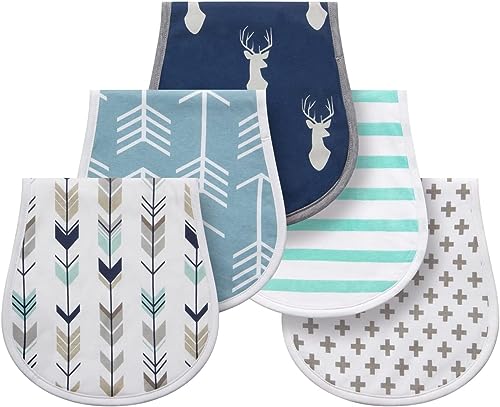 Image of Little Tots Burp Cloths 100% Cotton Baby Burp Set, Absorbent & Soft Burping Cloth Newborn Towel for Newborns & Babies Boys & Girls Unisex 5 Pack (Flying Sky) (Elk in Blue)