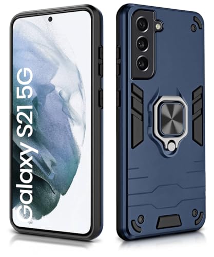Image of WOW IMAGINE Shock Proof Back Case Mobile Cover for Samsung Galaxy S21 5G | Back Cover Case (Tough Armor | Hybrid PC + TPU | Ring Holder & in-Built Kickstand | Blue)