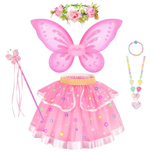 HUITEM Fairy Costume for Girls 6 PCS Light up Butterfly Costume with Fairy Wings Jewelry Headband Wand Skirt for Toddler Girls 3-8 Years Halloween Birthday Party Dress up