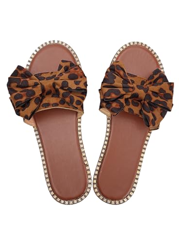 Sksshion Womens Bow Knot Sandals Slip On Flat Open Toe Slides Summer Slippers Leopard Brown 8