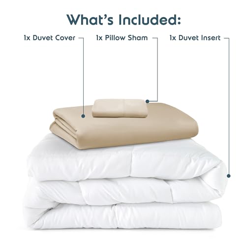 Nestl Twin Duvet Cover Set with Comforter Insert - Beige Cream 3 Piece 68x90 Duvet Cover & 1 Pillow Sham with White Quilted Down Alternative Comforter, Ultra Soft, All Season