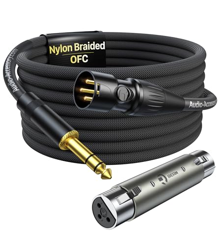 AA AUDIO ACCESSORY XLR Male to 1/4 Cable with XLR Female to Female Adapter Bundle, Rean Connectors from Neutrik, Kevlar-Reinforced Nylon Braided TRS Cable, Balanced Quarter Inch Cord, 25ft, OFC