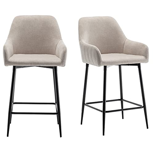 Btexpert Set Of 2 Premium Upholstered Dining 25" High Back Stool Bar Chairs, Beige Fabric Barstools #TOP10