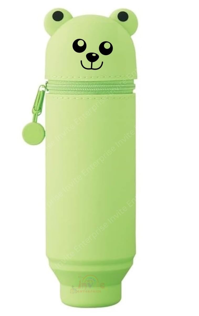 2-in-1 Soft Silicone Pencil Case-Teddy Bear will keep you stylish,retractable feature, and soft touch, this indispensable school bag may be used as both a pencil case and a pen holder (Green)