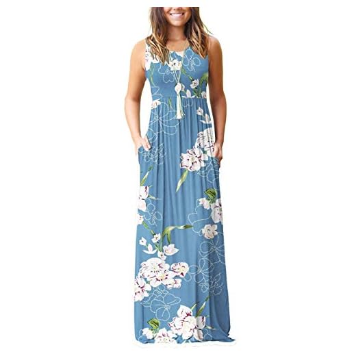 AUSELILY Damen Sommer Ärmelloses, lockeres Maxikleid Lässiges, langes Kleid mit Taschen(Blumen hellblau,Large)