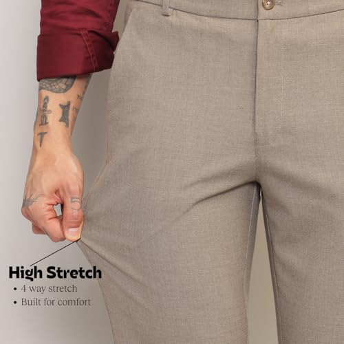 Image of SUBTRACT Men 4 Way Stretch Wrinkle Free Slim Fit Formal Trouser in with 2 Inch Flexible Waistband | Men's Trousers for Office Or Party