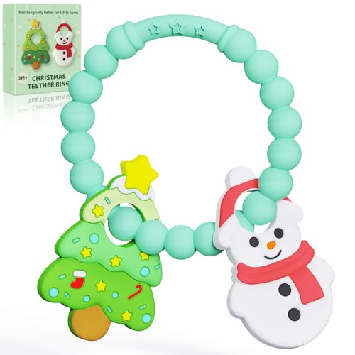 Christmas Baby Teething Toys, Snowman & Tree Silicone Teether for 3-12 Months, Textured Sensory Chewing Ring for Infants & Toddlers, Boo Basket Stuffer, Gift for Baby’s First Christmas