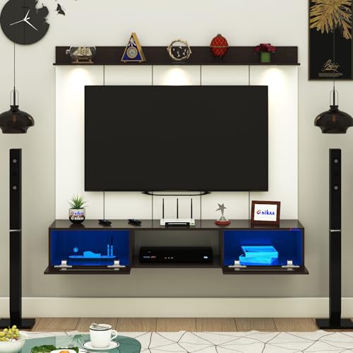 Image of Anikaa Orilo Wall Mounted PVC Back Panel TV Unit with Spot & Blue Ambient LED Light - Acrylic Storage Box, Display Shelf & Soft-Close Hinges | Ideal for UP to 50 Inch TV (Wenge - DIY Installation)