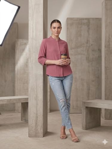Image of Messica Women Brown Solid Cotton Blend Knitted Top | Ruffle Neck | 3 /4 Sleeve | Regular Fit Casual Office Wear Top