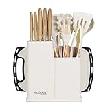 Cooking Utensils Set with Chopping Board – Knife Set with Block – Heat Resistant Silicone Utensils with Wooden Handle, Spoons, Ladles & Spatula – Kitchen Tools & Accessories – 17pcs, Cream – by Nuovva