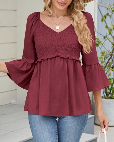 Womens Ruffle 3/4 Sleeve Babydoll Tops V Neck Peplum Blouse Smocked Loose Fit Tunic Top Bell Sleeve Dressy Tee Shirts3