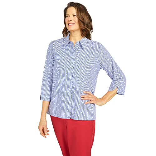 Alfred Dunner Women's Stars On Stripe Button Down Top Size L Blue #TOP3