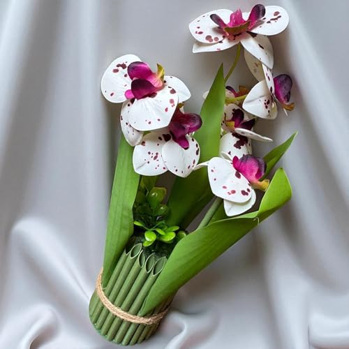 Image of Garden Art Pack of 1 Artificial Phalaenopsis Orchid Bonsai Bunch, 6 Heads, 9 Flowers, 31cm GAAPHOB-6H-31WD (White Dotted)