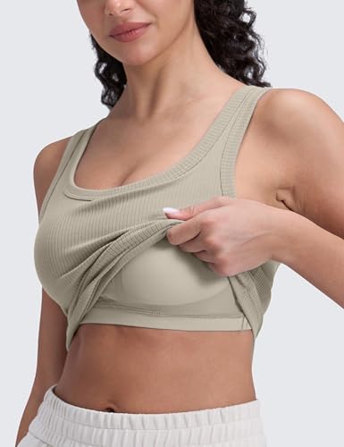 Image of CRZ YOGA Ribbed U Neck Crop Tank Tops | Medium Support, Removable Pads, Casual, Wide Straps, Longline Sports Bras for Women