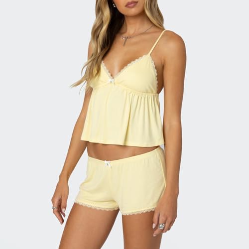 XBTCLXEBCO Lace Pajama Sets for Women 2 Piece Sexy Sleeveless Cami Tank Top and Shorts Pj Set Y2K Matching Lounge Sleepwear4