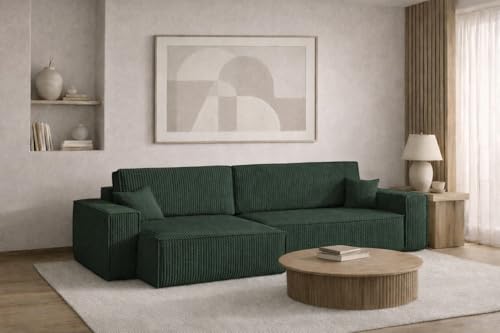 Kaiser Möbel - Ecksofa mit Schlaffunktion und Bettkasten, Schlafsofa mit Bettzeugbehälter, Wohnlandschaft L-Form, Klappsofa, Relaxsofa, Cordstoff, Bequemes Couch für Wohnzimmer, Best XL, Grün, Links