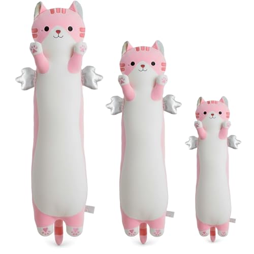 Image of Long Cat Plush Pillow, Cute Cat Stuffed Animal Body Pillow with Wings, Soft Kawaii Kitty Hugging Pillow, Christmas Valentine's Birthday Gift for Kids Girls Boys (Pink, 90cm /35.43in)