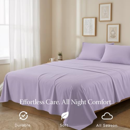 Image of Threadmill 300 Thread Count Cotton Queen Sheet Set, Sateen, Solid, Lilac | 100% Cotton, Sateen Weave, 4-Piece Set, 16 inch Deep Pocket, Cooling, Fade-Resistant, Breathable, Pill-Resistant