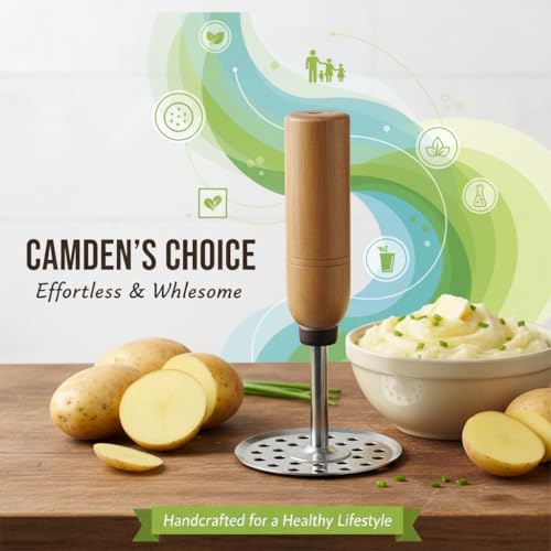 Image of CAMDEN Potato Masher Stainless Steel with Wooden Handle | Heavy Duty Strong Grip | Rust Proof Kitchen Vegetable Masher