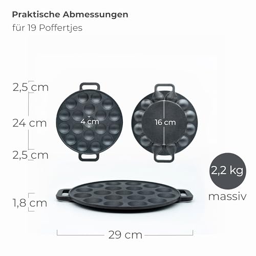 Foto von osoltus Poffertjes Pfanne aus Gusseisen schwarz | Förtchenpfanne für 19 Förtchen | Ø 24 x (H) 1,8 cm | fertig eingebrannt | Poffertjespfanne, Takoyaki Pfanne, Ochsenaugen
