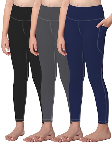AENLLEY Girls Activewear Leggings with 2 Pockets - Kids Dance Workout Yoga Pants for Athletic Pack of 3 Black/Grey/Navy