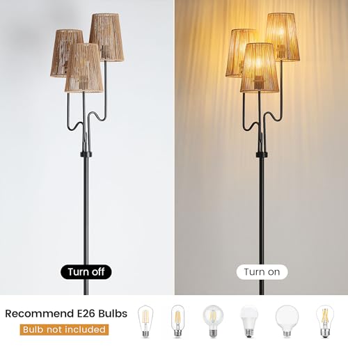 Image of Boho Floor Lamp, 68in. Rattan Floor Lamps with Rattan Shade,3 Light Tree Standing Lamp for Bedroom,Nursery,E26 Socket, Living Room Floor Lamp for Rustic,Coastal, Beach or Bohemian Decor (Black)