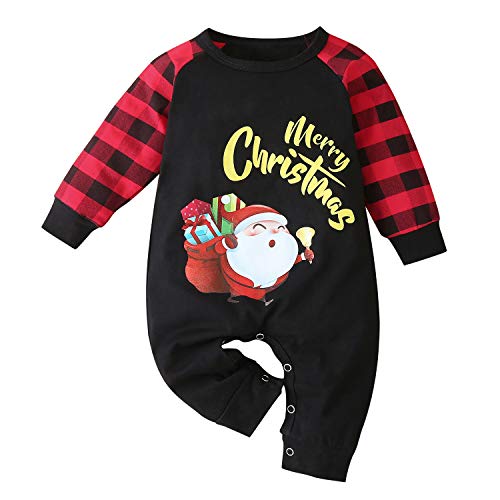 Baby Boy Girls Christmas Romper Santa Print Plaid Long Sleeve Jumpsuit Infant Outfit Bodysuit (Black, 3-6 Months)