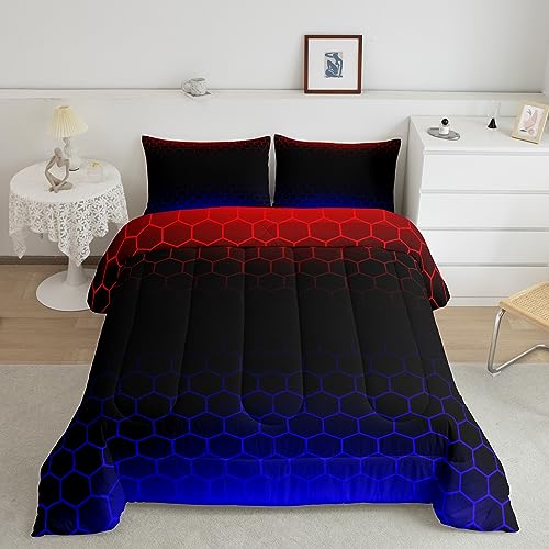 Image of Red Blue Ombre Hexagon Comforter Full Size, Honeycomb Bedding Set Geometrics Hexagon Comforter Set for Kids Boys Girls Abstract Red and Black Duvet Set Bed Set 3Pcs
