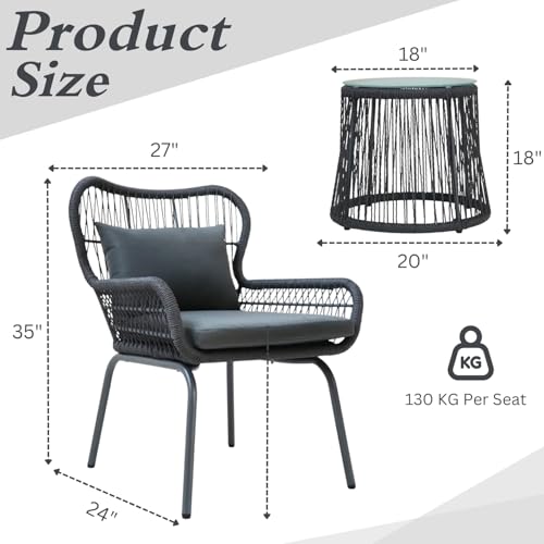 Image of DEVOKO Outdoor Patio Garden 3 Piece All Weather Water Resistant Furniture with Cushion & Center Table for Balcony, Backyard, Lawn, Terrace (Dark Grey & Grey)