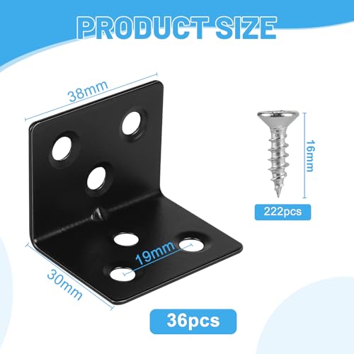 LALAGO Pack of 36 Stainless Steel Angle Connectors, 30 x 30 x 38 mm, Small Mounting Angle with 222 Pieces, Screws - Image 2