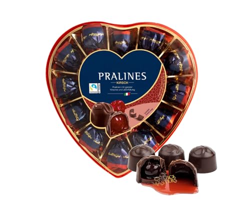 Premium Belgian Dark Chocolate Cherry Liqueur Pralines in Elegant Heart-Shaped Gift Box 12 Decadent Dark Chocolate Pralines with Whole Cherry & Liqueur Filling Great Gift For Christmas Valentine