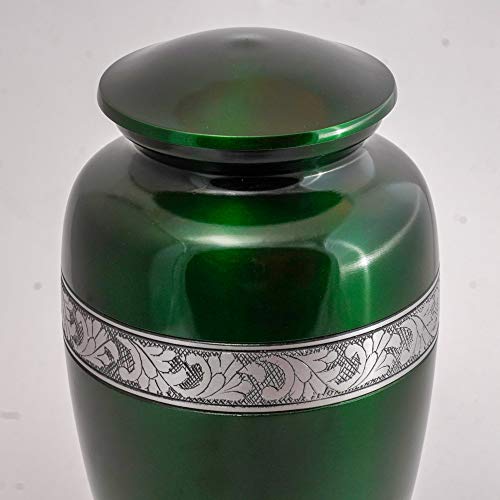 Image of Silver Engraved Aluminium Cremation Urn for Human Ashes Adult - Handcrafted Funeral Memorial Ash Storage Urn - Bag Included (Green, 6.5 inch x 6.5 inch x 10.5 inch - 200lbs or 91kg)