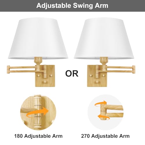 Image of TRLIFE Dimmable Wall Sconce Plug in, Wall Sconces Set of 2 Swing Arm Wall Lights with Plug in Cord and Dimmer On /Off Knob Switch, 11.8 inch Large White Fabric Shade(2 LED Bulbs Included, Oak Color)