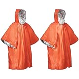 2 Stück Notfall Survival Poncho, Notfall-Regenmantel mit Kapuze, Survival Regenponcho, Wasserdicht, Wärmehaltung, Reflektierend, Erste-Hilfe Rettungsdecke für Camping/Wandern/Outdoor, Orange/Silber