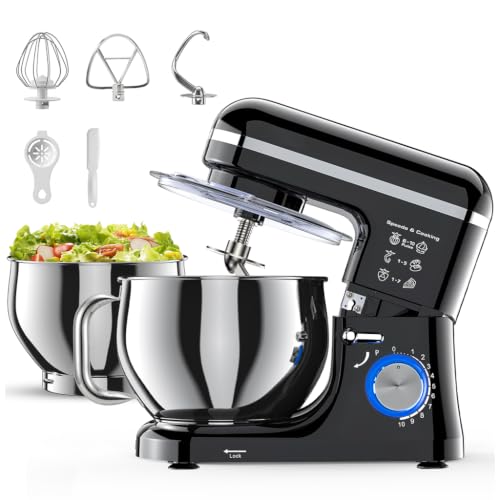 Cypcat Küchenmaschine 1300W mit 5L+3,5L Schüssel, 10+P Stufen | Knetmaschine mit Spritzschutz, Knethaken, Flachrührer, Schneebesen, StandMixer Food Processor für Rühren, Kneten, Aufschlagen