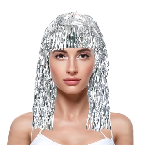 Image of KOLIGHT Shiny Tinsel Hat Wig with Fringe - Colorful Cheerleading Fan Accessory for Holiday Parties, Sports Events & Costume Decorations with Cap+Comb(silver)