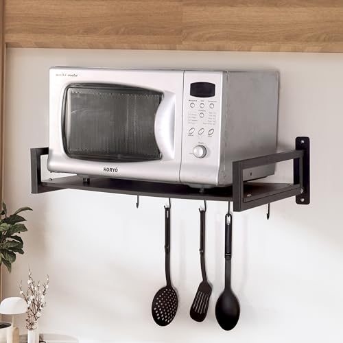 Image of KYZEN Deluxe Wall Mount Microwave Oven Stand with Pot Rack, 5 Hooks & Storage Container | Heavy-Duty Shelf for Microwave, OTG, Air Fryer, Grinder & Kitchen Organization (Black) Appliances WM Delux B