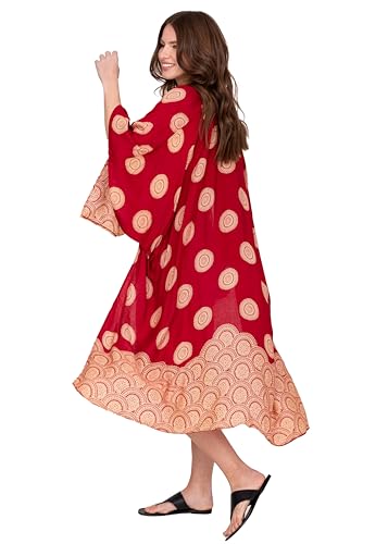 likemary Beach Coverups for Women UK - Flowy Long Kimonos - Summer Cover Ups Ideal for Holidays & Festivals - Red Mandala Print