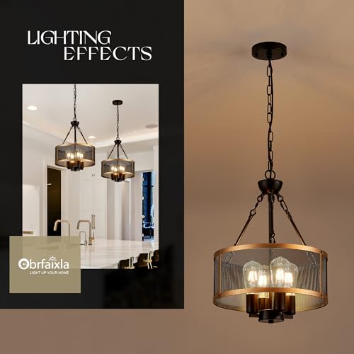 brfaixla Modern 14" Small Black Gold Mesh Drum Chandelier for Dining Room Industrial Retro Semi Flush Mount 4-Light Round Ceiling Light Fixture for Kitchen Bedroom Living Room Hallway Entryway Foyer — view 3