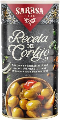 Aceitunas Verdial Aliñadas 'Receta del Cortijo' Sarasa - Sabor Tradicional Andaluz, Carnosas y con Aliño Intenso, 1 Lata 1450g (750g Escurrido) - Perfectas para Aperitivos o Regalos Gourmet