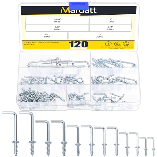 Mardatt Lot de 120 crochets carrés à visser de 6 tailles, crochets en L galvanisés bleus, kit de vis, vis autotaraudeuses de type L, crochet à angle droit pour accrocher du matériel de montage mural