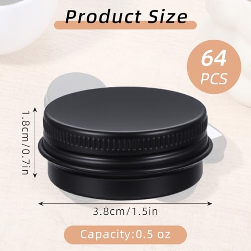 64 Pack Salve Tins 0.5 oz Round Lip Balm Tins Containers Aluminum Cosmetic Sample Containers with Screw Lid Small Metal Storage Jars Travel Empty Tin Cans for Salves, Candles, Cream, Cosmetics(Black)2