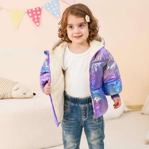 Unicomidea Baby Girl Jacket Purple Infant Coat Hooded Fleece Down Laser Baby Winter Coats Thicken Warm Zipper Light Puffer Toddler Outerwear With Pockets For 18-24 Months School thumb #3