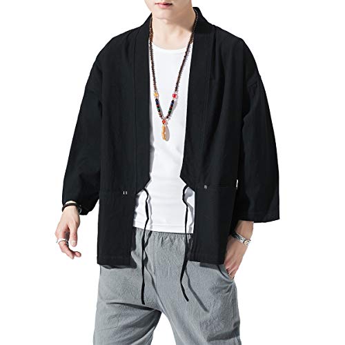 Image of PRIJOUHE Men's Kimono Jackets Cardigan Lightweight Casual Cotton Blends Linen Seven Sleeves Open Front Coat Outwear